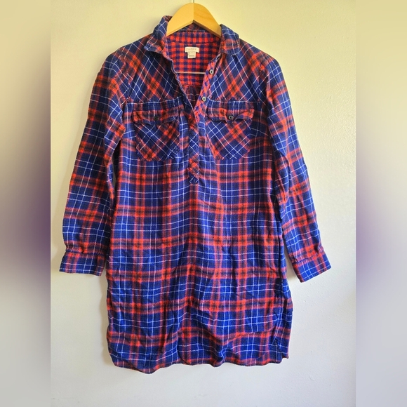 J.Crew,  Flannel Shirt Dress with Pockets, Red/Blue Plaid, Size XS - Picture 1 of 7